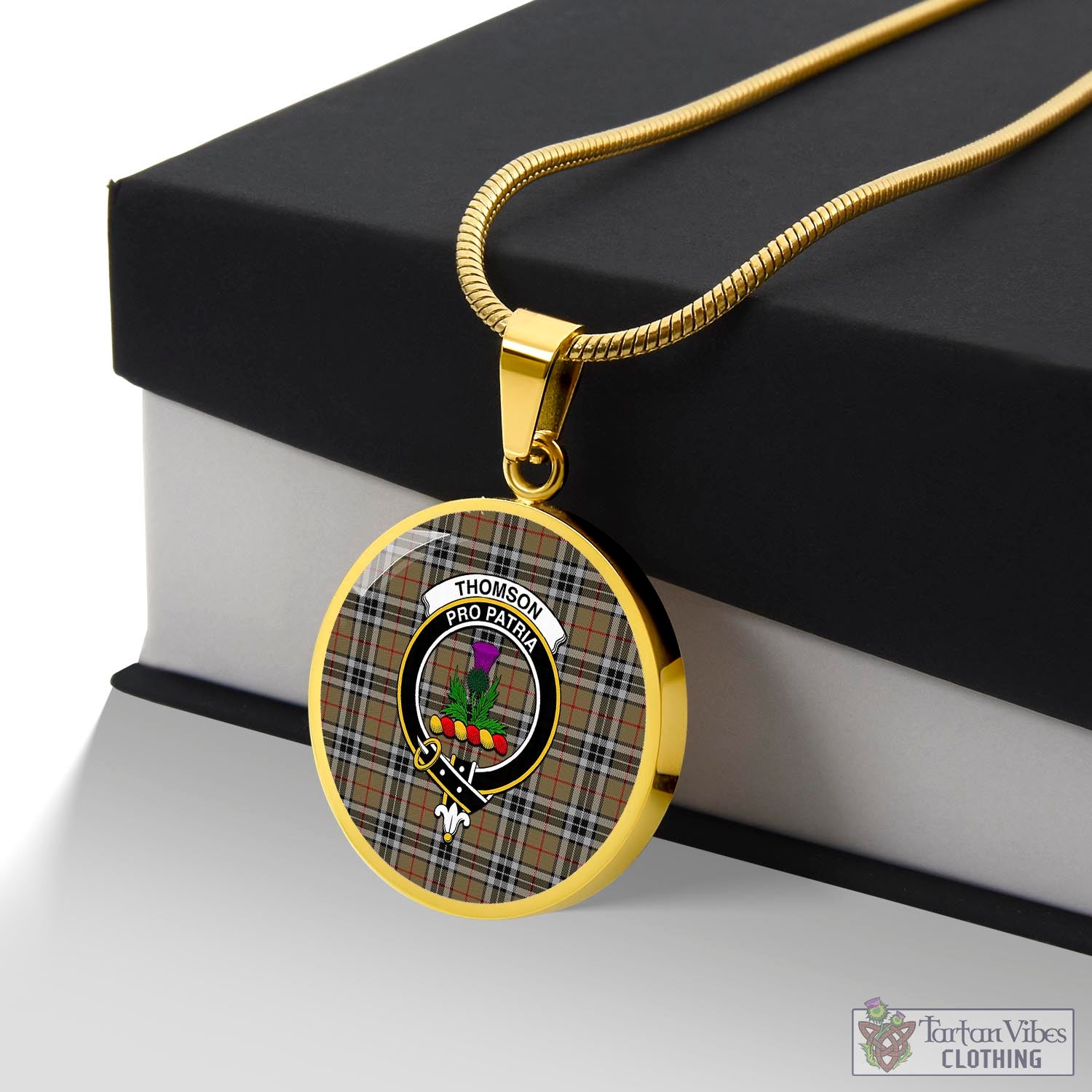 Tartan Vibes Clothing Thomson Camel Tartan Circle Necklace with Family Crest