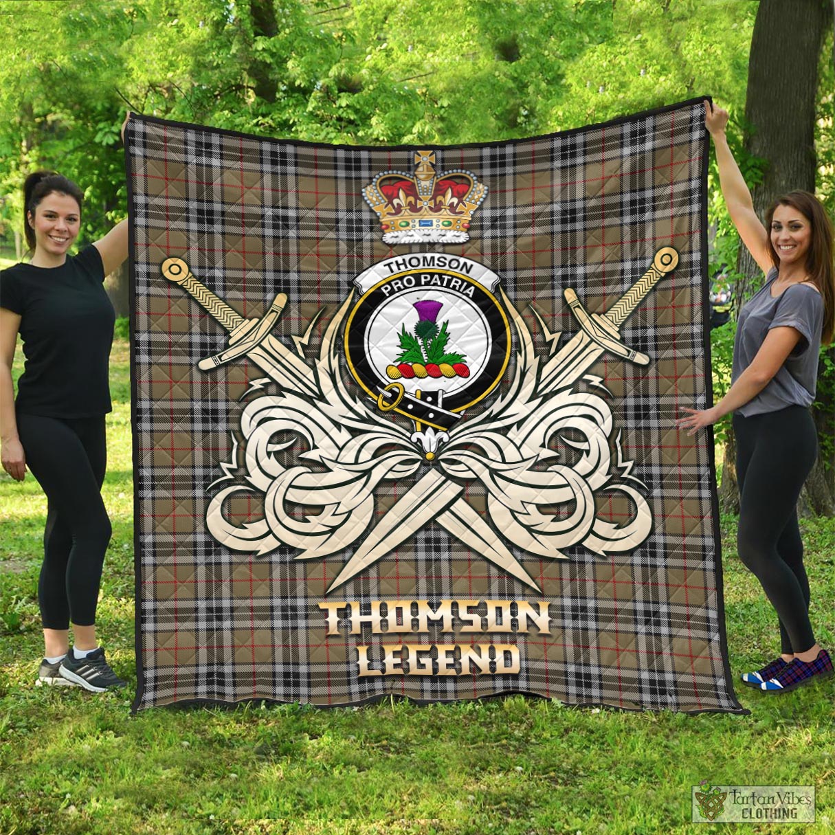 Tartan Vibes Clothing Thomson Camel Tartan Quilt with Clan Crest and the Golden Sword of Courageous Legacy