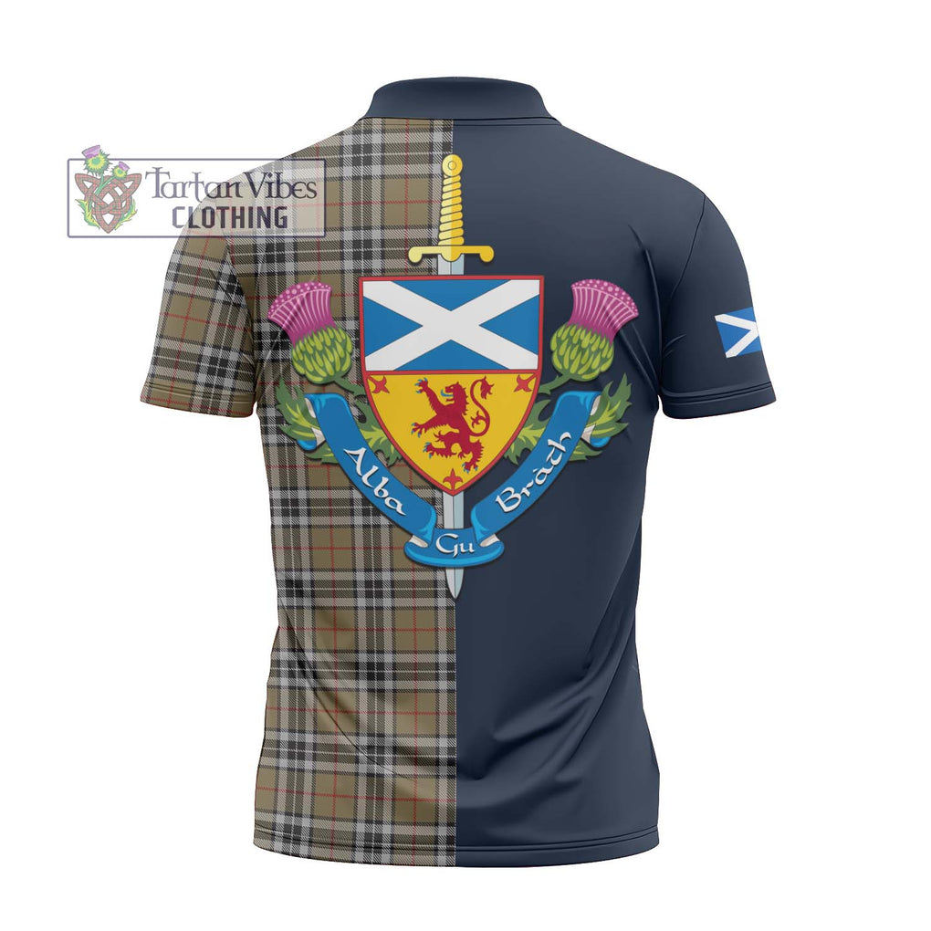 Tartan Vibes Clothing Thomson Camel Tartan Zipper Polo Shirt with Scottish Lion Royal Arm Half Style