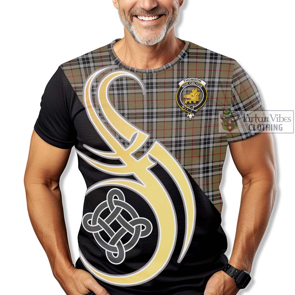 Tartan Vibes Clothing Thomson Camel Tartan T-Shirt with Family Crest and Celtic Symbol Style