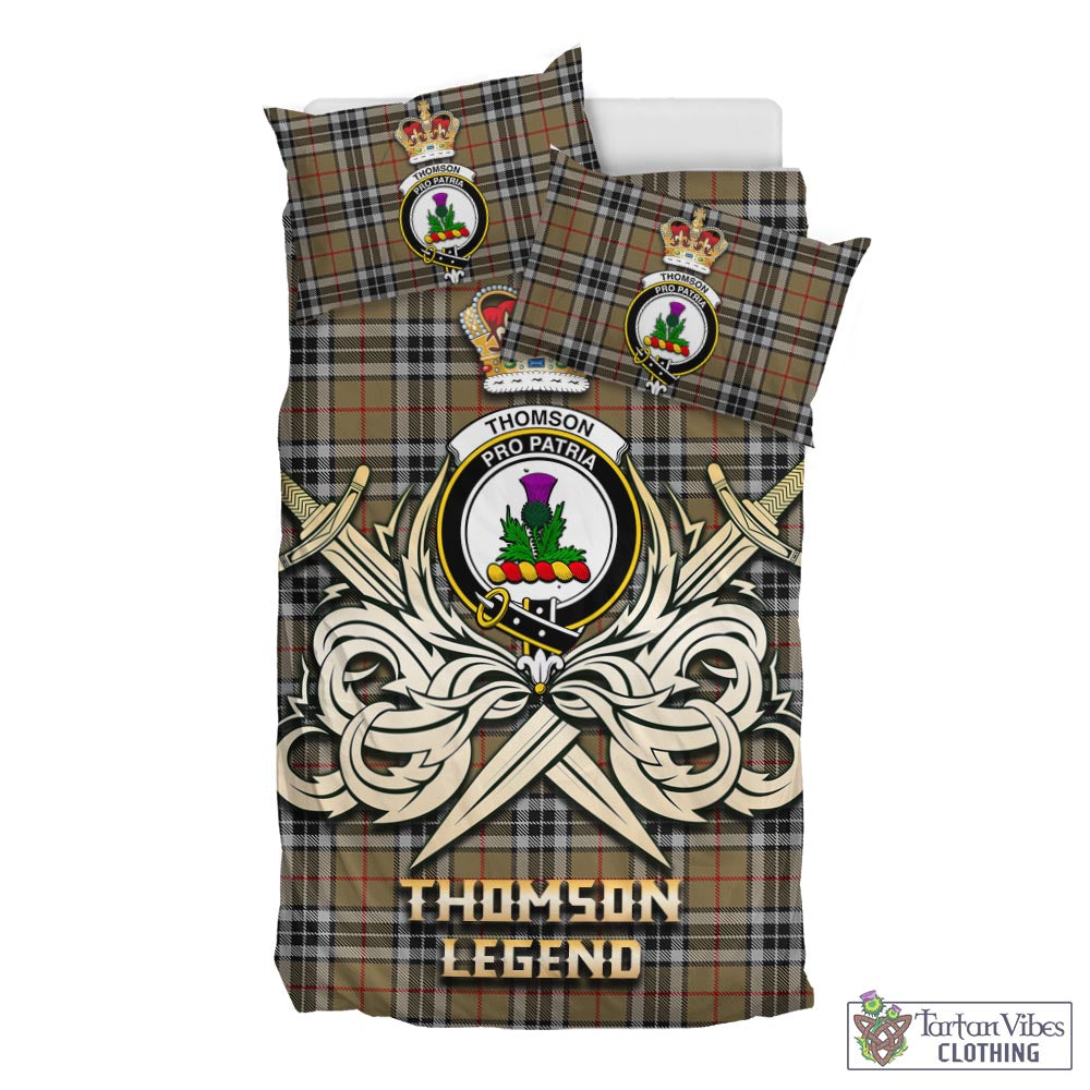 Tartan Vibes Clothing Thomson Camel Tartan Bedding Set with Clan Crest and the Golden Sword of Courageous Legacy