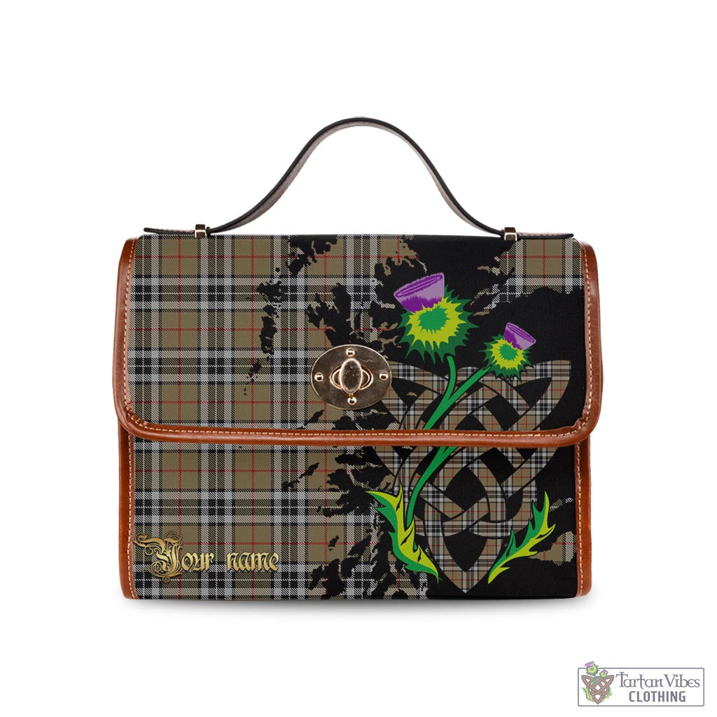 Tartan Vibes Clothing Thomson Camel Tartan Waterproof Canvas Bag with Scotland Map and Thistle Celtic Accents