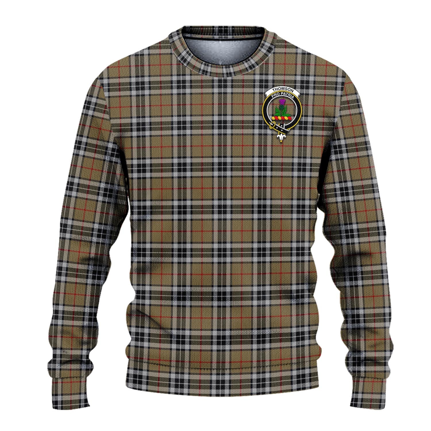 Thomson Camel Tartan Knitted Sweater with Family Crest - Tartanvibesclothing