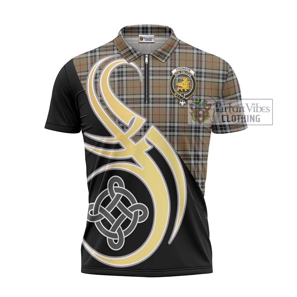 Tartan Vibes Clothing Thomson Camel Tartan Zipper Polo Shirt with Family Crest and Celtic Symbol Style