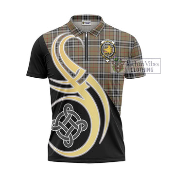 Thomson Camel Tartan Zipper Polo Shirt with Family Crest and Celtic Symbol Style