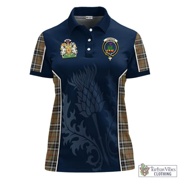 Thomson Camel Tartan Women's Polo Shirt with Family Crest and Scottish Thistle Vibes Sport Style