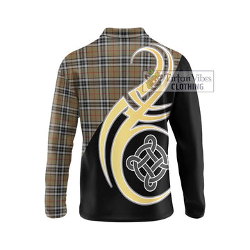 Thomson Camel Tartan Long Sleeve Polo Shirt with Family Crest and Celtic Symbol Style