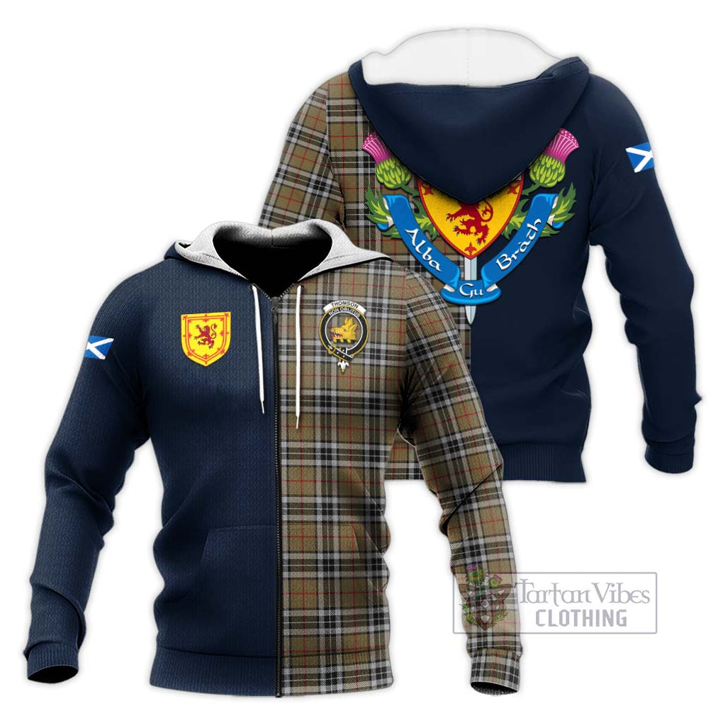 Tartan Vibes Clothing Thomson Camel Tartan Knitted Hoodie with Scottish Lion Royal Arm Half Style