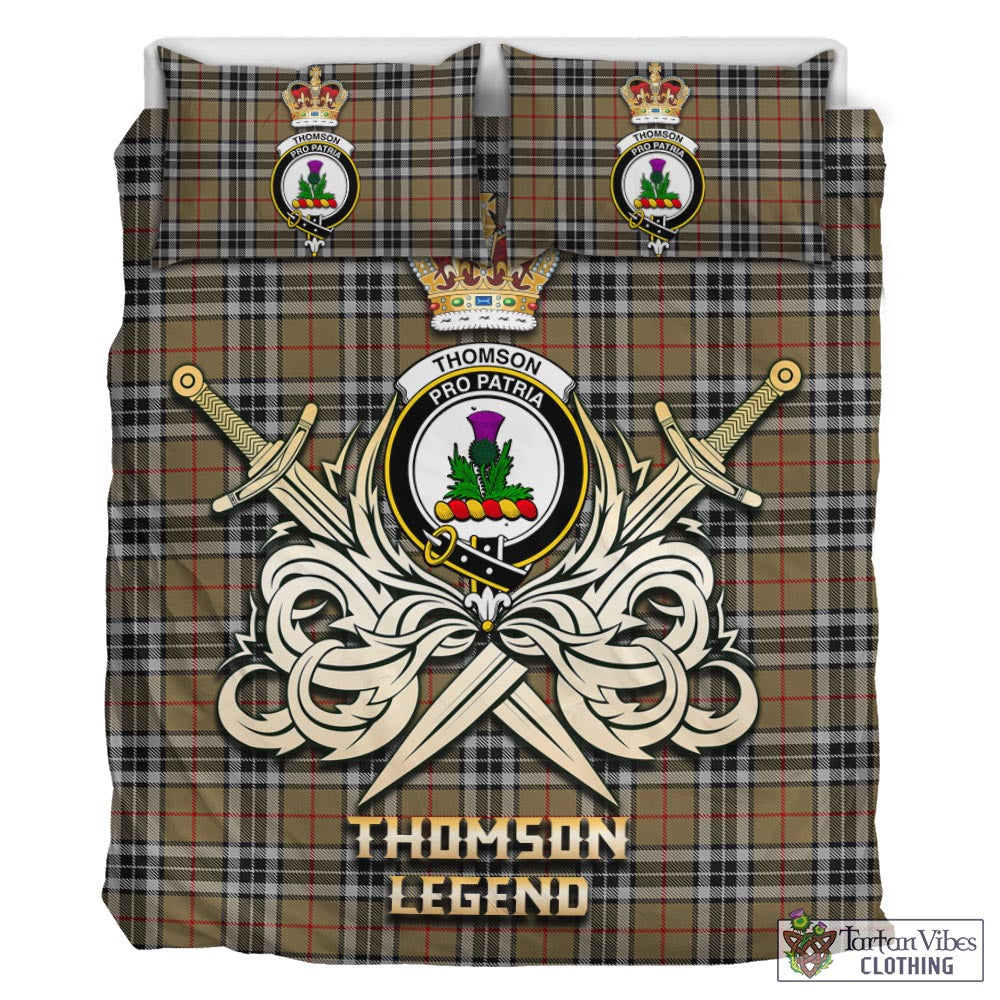 Tartan Vibes Clothing Thomson Camel Tartan Bedding Set with Clan Crest and the Golden Sword of Courageous Legacy