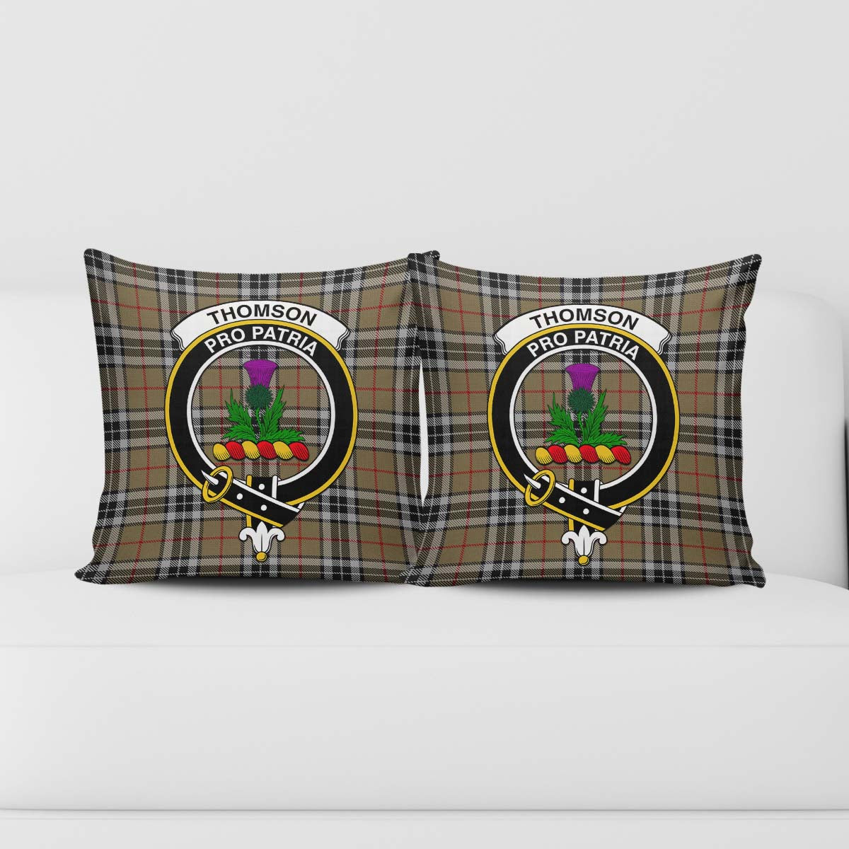 Thomson Camel Tartan Pillow Cover with Family Crest - Tartanvibesclothing