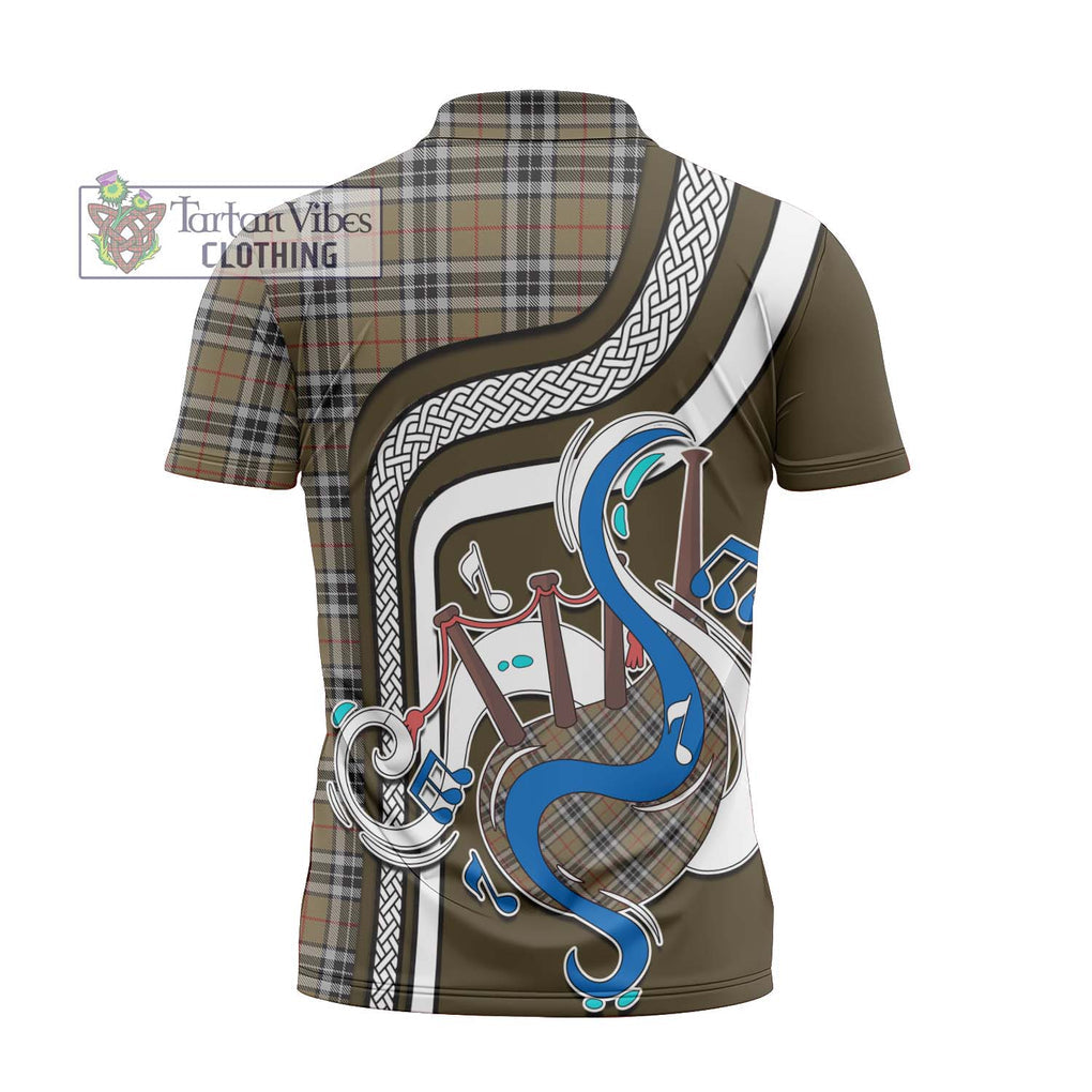 Thomson Camel Tartan Zipper Polo Shirt with Epic Bagpipe Style - Tartanvibesclothing Shop