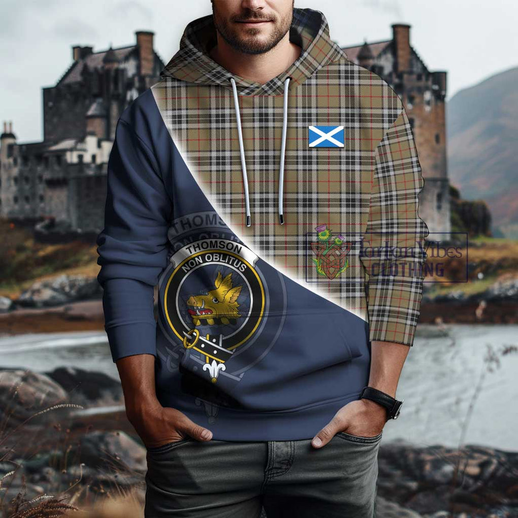 Thomson Camel Tartan Hoodie with Personalised National Flag and Family Crest Half Style - Tartanvibesclothing Shop