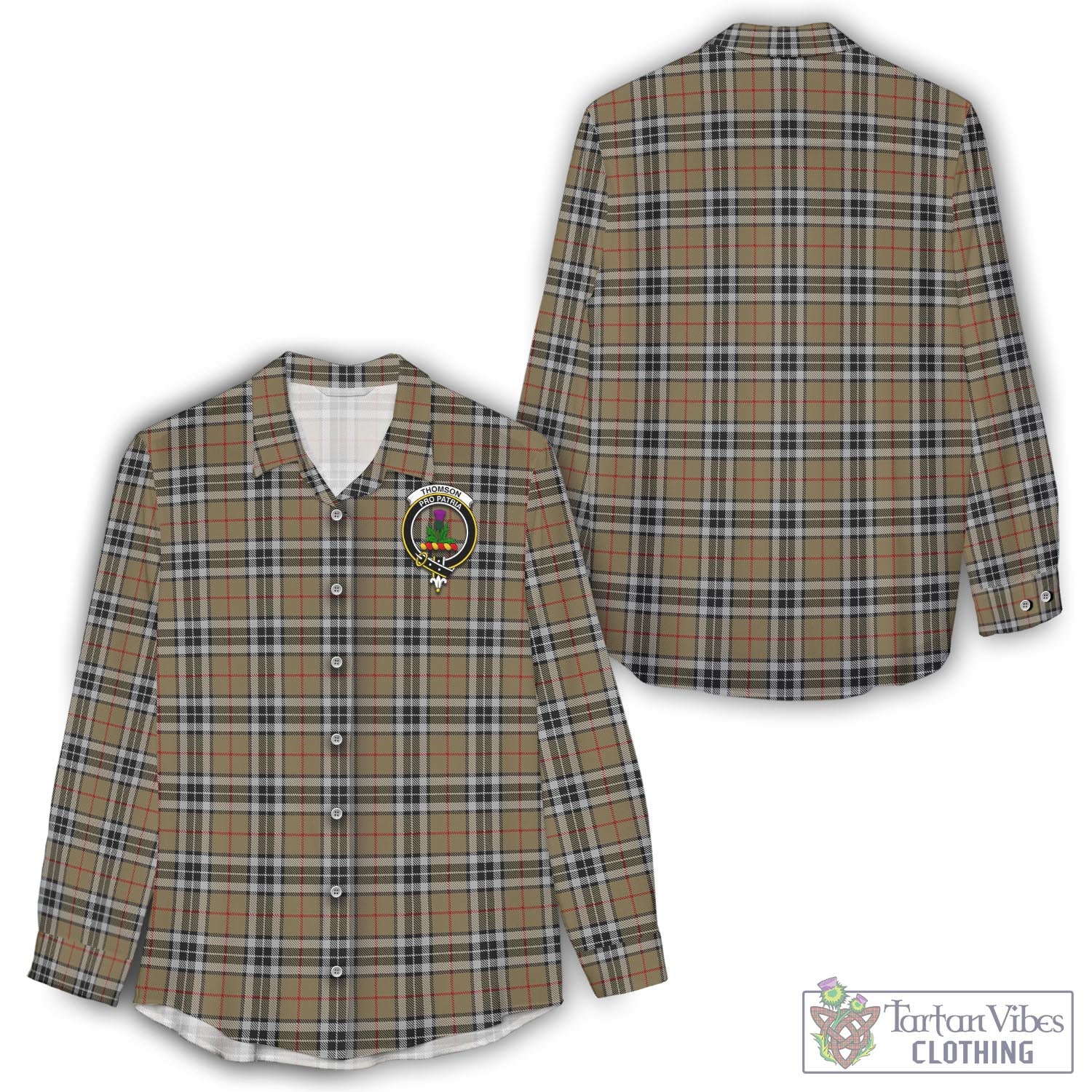 Tartan Vibes Clothing Thomson Camel Tartan Womens Casual Shirt with Family Crest