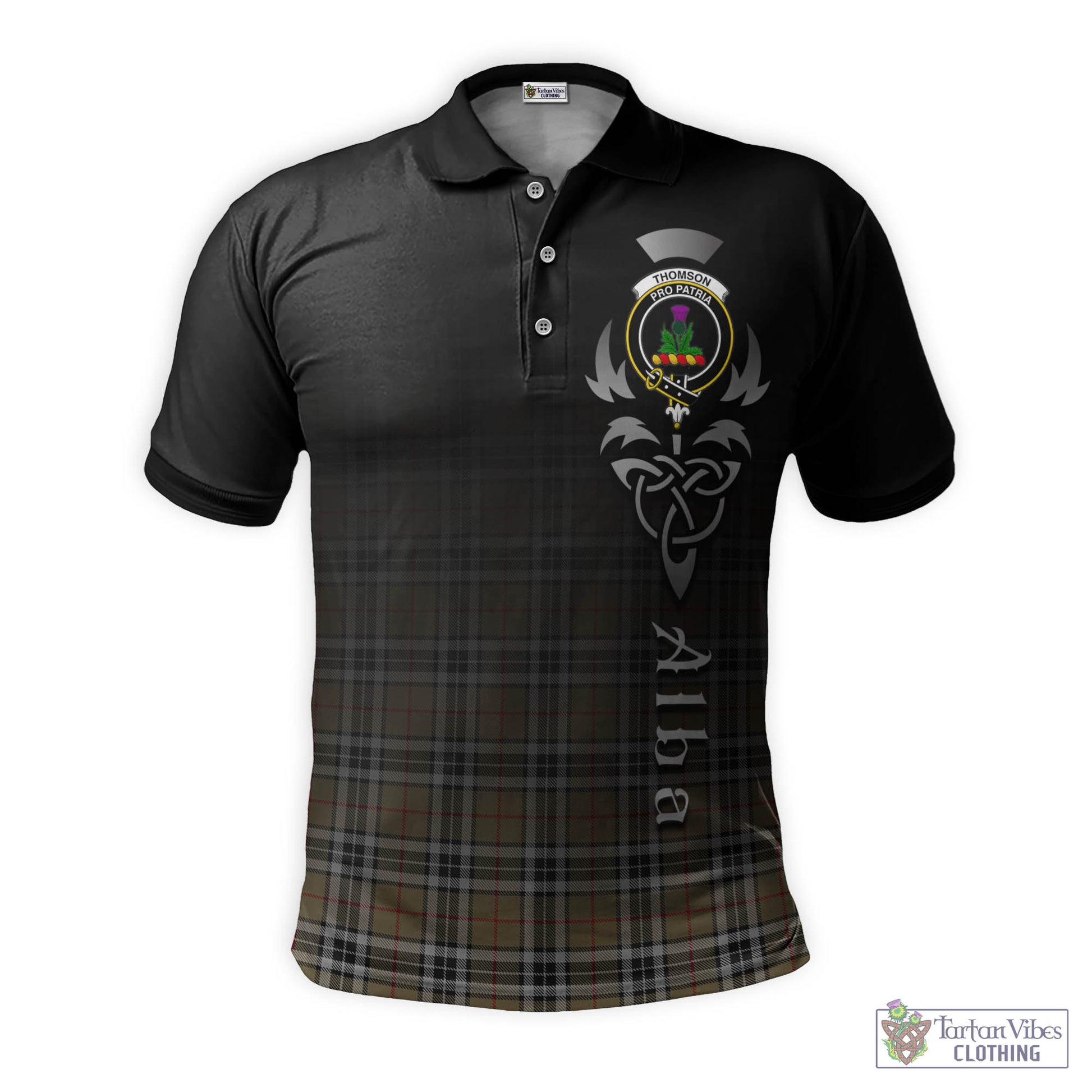 Tartan Vibes Clothing Thomson Camel Tartan Polo Shirt Featuring Alba Gu Brath Family Crest Celtic Inspired