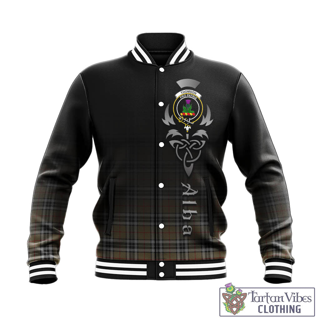 Tartan Vibes Clothing Thomson Camel Tartan Baseball Jacket Featuring Alba Gu Brath Family Crest Celtic Inspired