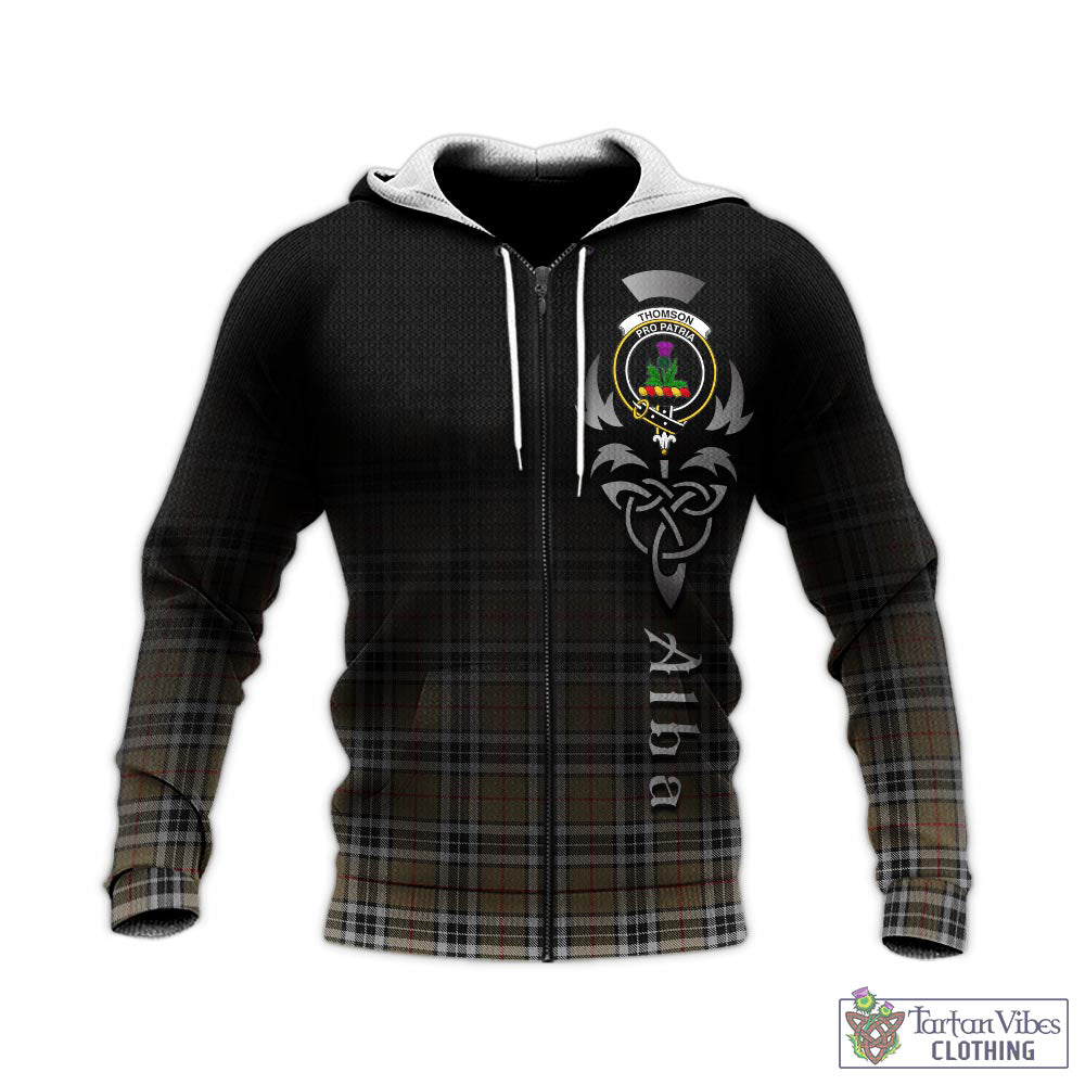 Tartan Vibes Clothing Thomson Camel Tartan Knitted Hoodie Featuring Alba Gu Brath Family Crest Celtic Inspired