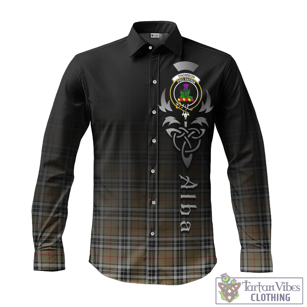 Tartan Vibes Clothing Thomson Camel Tartan Long Sleeve Button Up Featuring Alba Gu Brath Family Crest Celtic Inspired