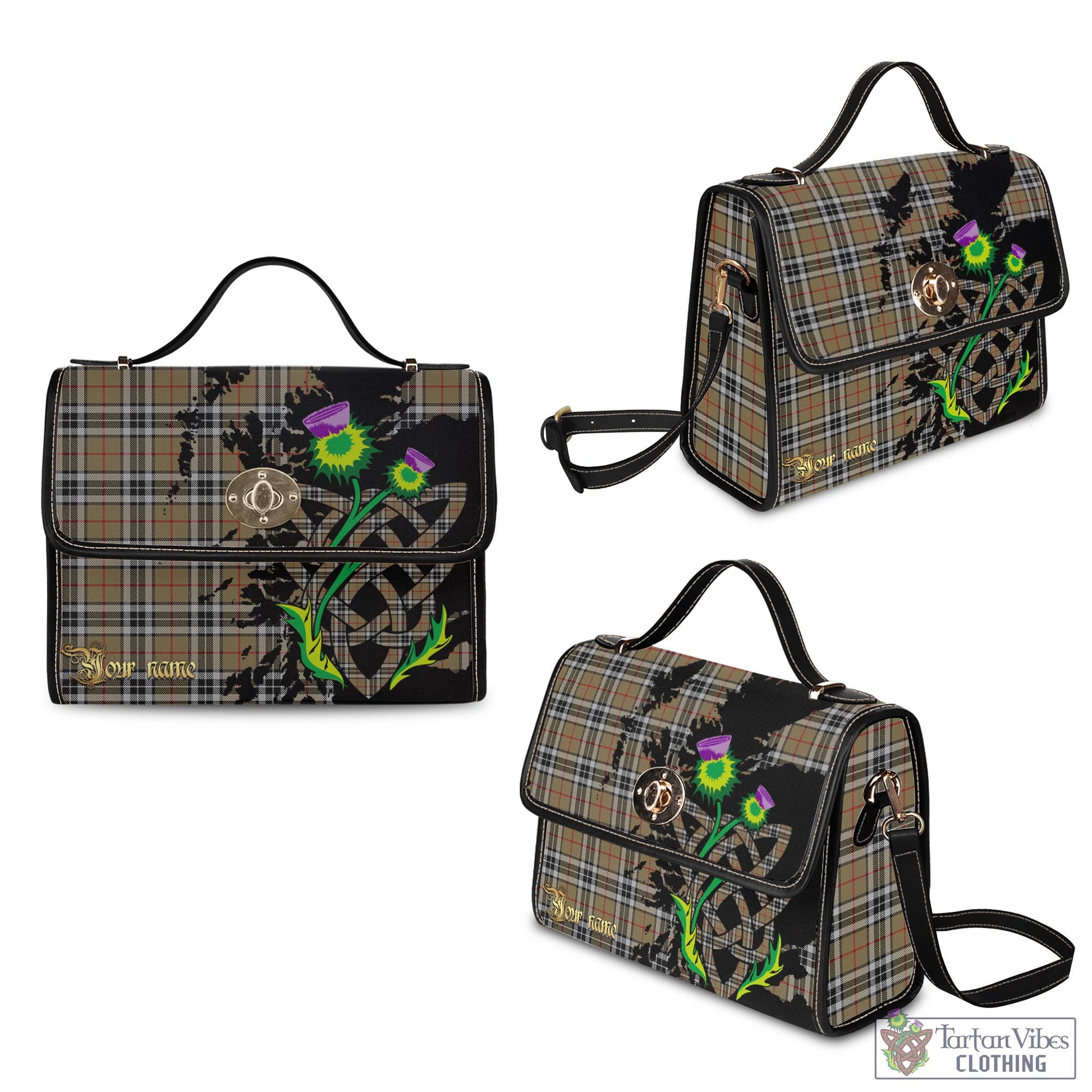 Tartan Vibes Clothing Thomson Camel Tartan Waterproof Canvas Bag with Scotland Map and Thistle Celtic Accents