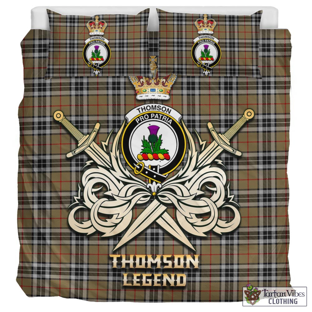 Tartan Vibes Clothing Thomson Camel Tartan Bedding Set with Clan Crest and the Golden Sword of Courageous Legacy