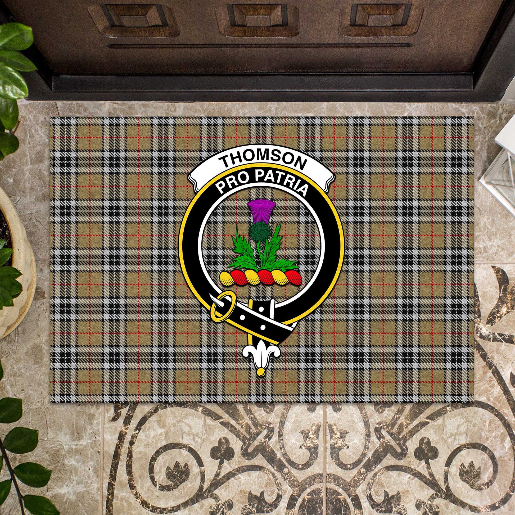 Thomson Camel Tartan Door Mat with Family Crest - Tartanvibesclothing Shop