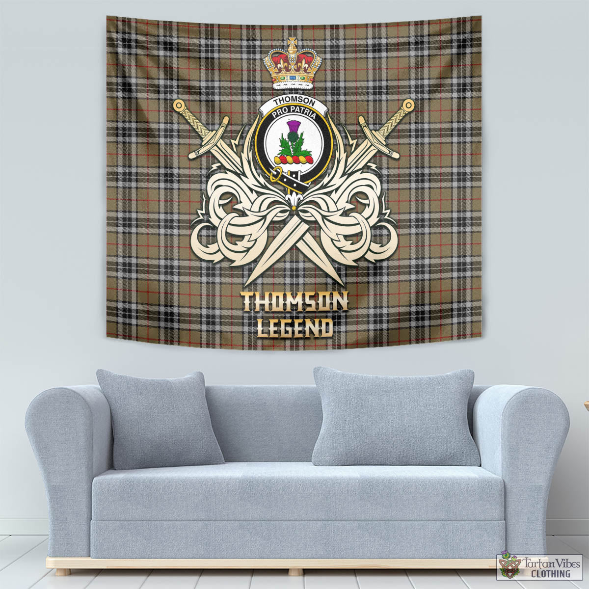 Tartan Vibes Clothing Thomson Camel Tartan Tapestry with Clan Crest and the Golden Sword of Courageous Legacy