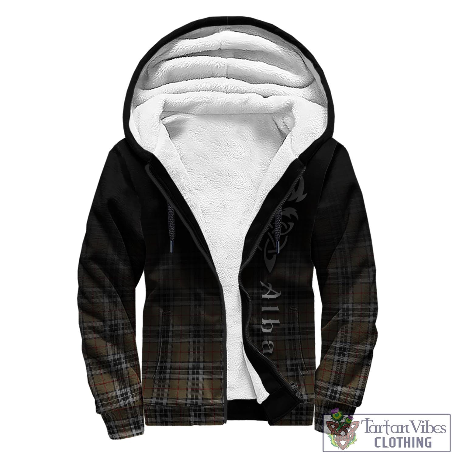 Tartan Vibes Clothing Thomson Camel Tartan Sherpa Hoodie Featuring Alba Gu Brath Family Crest Celtic Inspired