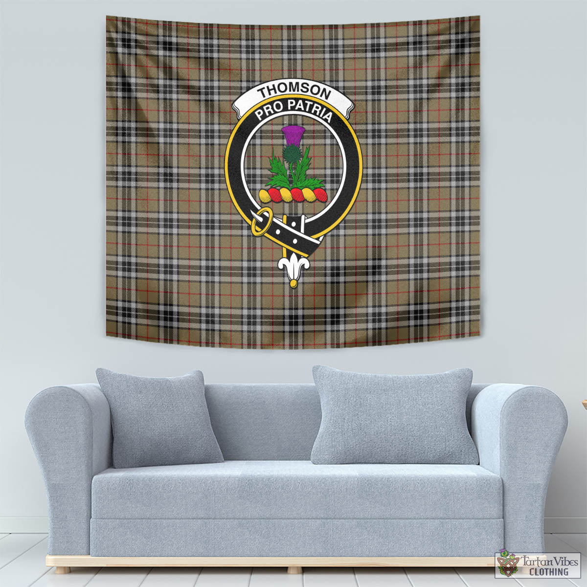 Tartan Vibes Clothing Thomson Camel Tartan Tapestry Wall Hanging and Home Decor for Room with Family Crest