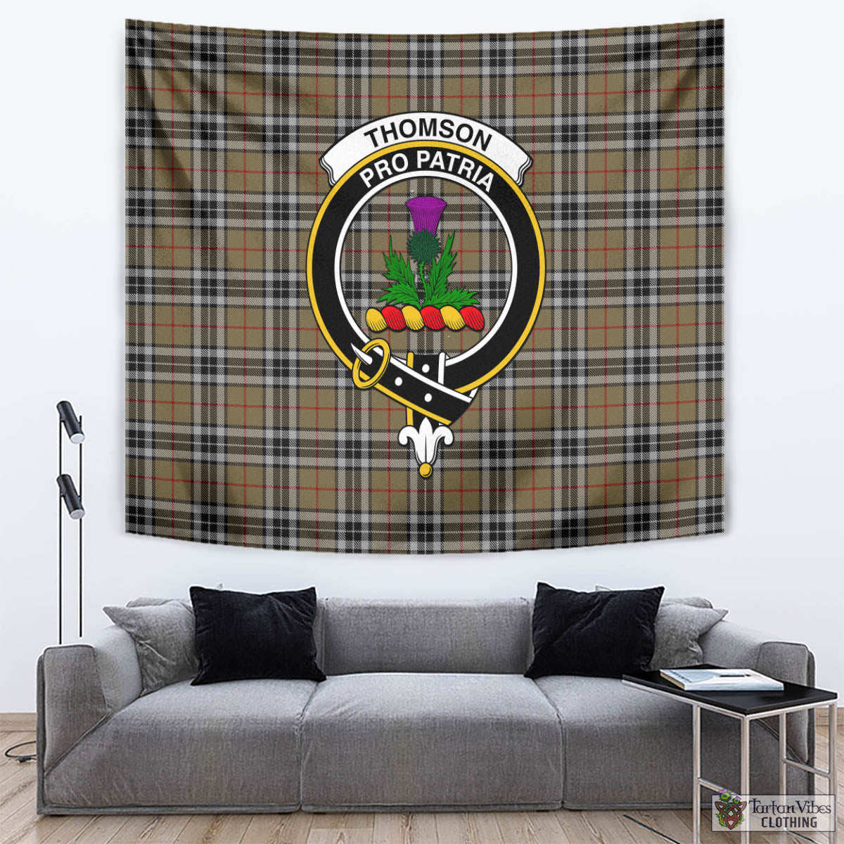 Tartan Vibes Clothing Thomson Camel Tartan Tapestry Wall Hanging and Home Decor for Room with Family Crest