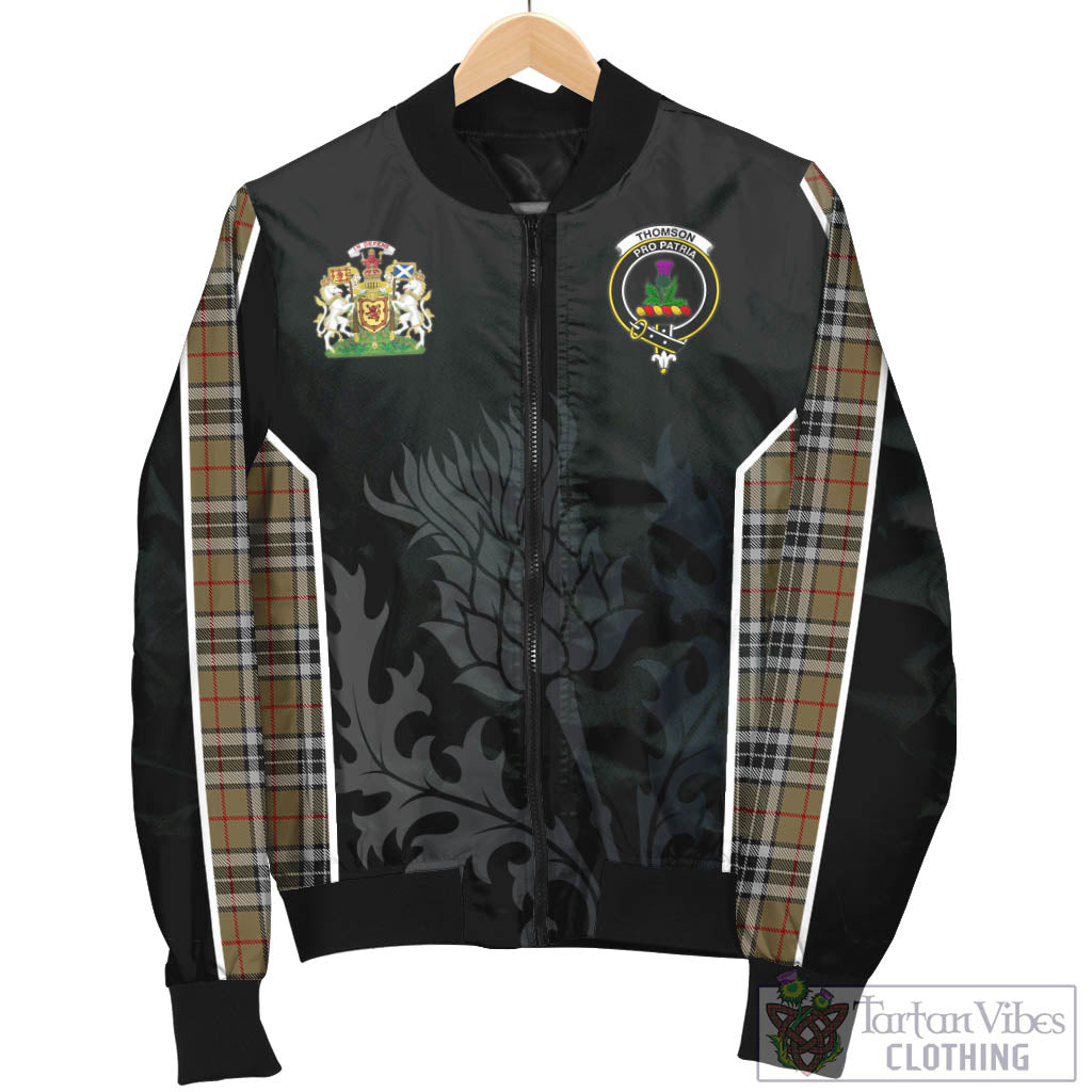 Tartan Vibes Clothing Thomson Camel Tartan Bomber Jacket with Family Crest and Scottish Thistle Vibes Sport Style