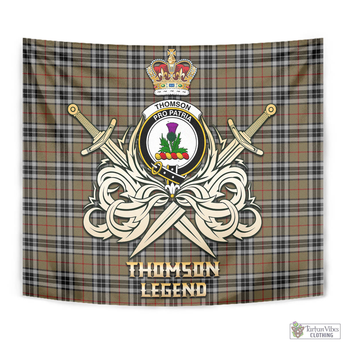 Tartan Vibes Clothing Thomson Camel Tartan Tapestry with Clan Crest and the Golden Sword of Courageous Legacy