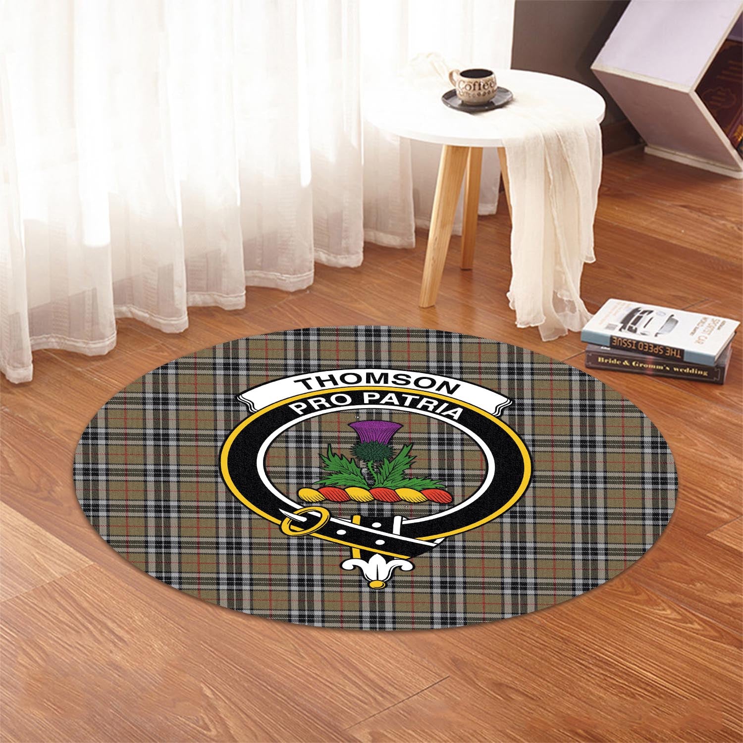 thomson-camel-tartan-round-rug-with-family-crest