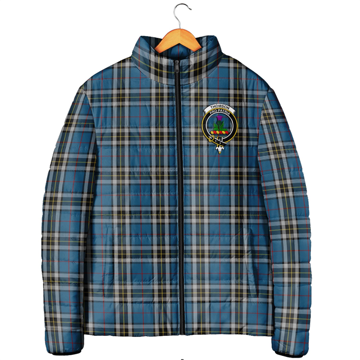 Thomson Dress Blue Tartan Padded Jacket with Family Crest Men's Padded Jacket - Tartan Vibes Clothing