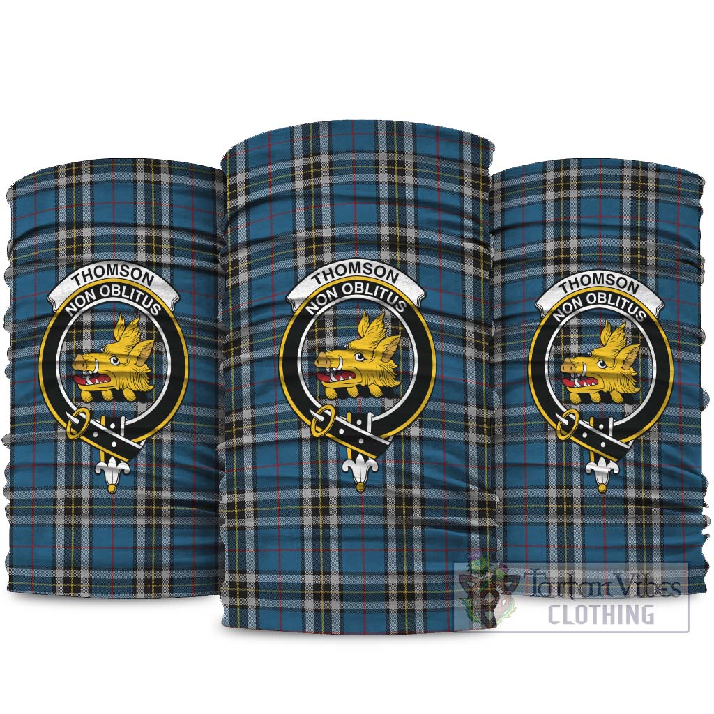 Thomson Dress Blue Tartan Neck Gaiters, Tartan Bandanas, Tartan Head Band with Family Crest