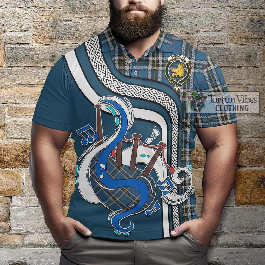 Tartan Vibes Clothing Thomson Dress Blue Tartan Polo Shirt with Epic Bagpipe Style