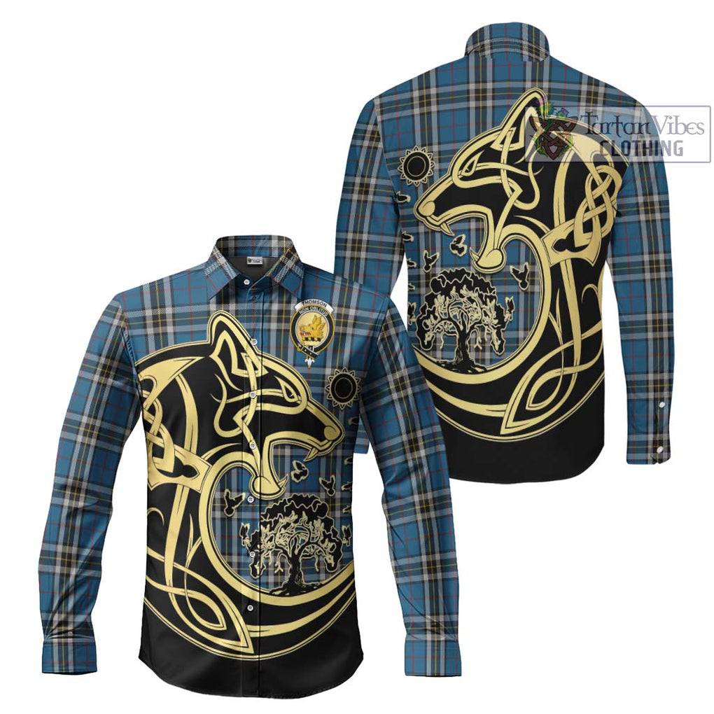 Thomson Dress Blue Tartan Long Sleeve Button Shirt with Family Crest Celtic Wolf Style Men's Shirt S - Tartan Vibes Clothing