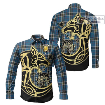 Thomson Dress Blue Tartan Long Sleeve Button Shirt with Family Crest Celtic Wolf Style