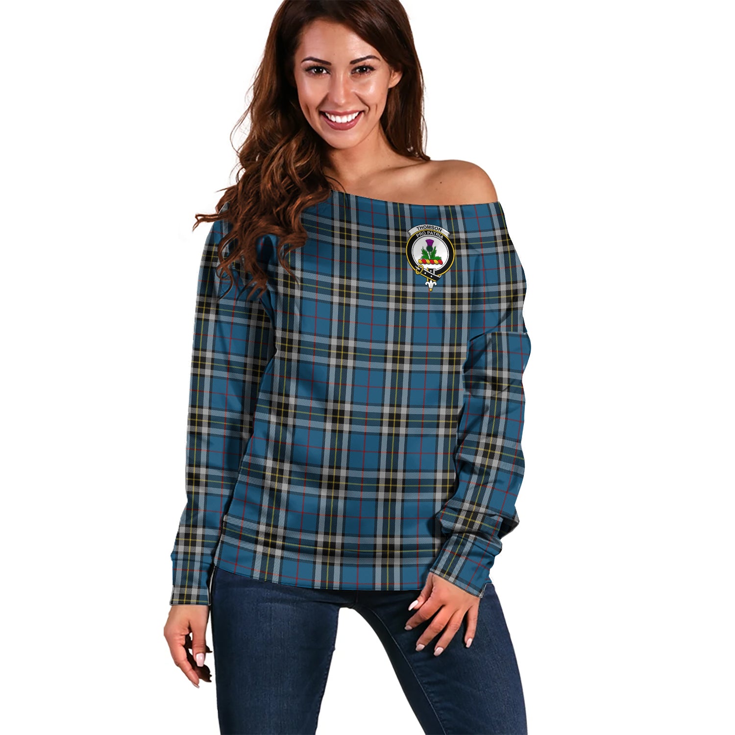 Thomson Dress Blue Tartan Off Shoulder Women Sweater with Family Crest Women - Tartanvibesclothing Shop