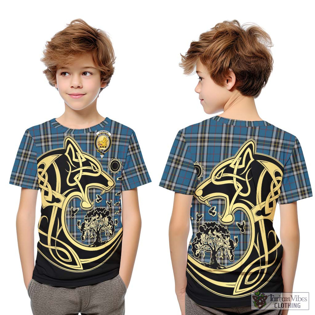 Thomson Dress Blue Tartan Kid T-Shirt with Family Crest Celtic Wolf Style Youth XL Size14 - Tartan Vibes Clothing