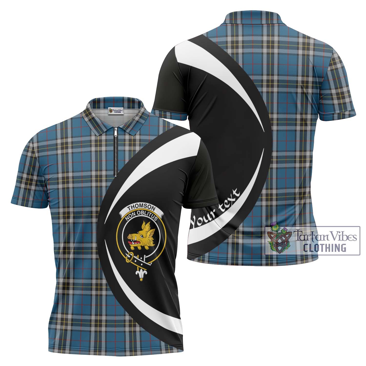 Thomson Dress Blue Tartan Zipper Polo Shirt with Family Crest Circle Style Unisex - Tartan Vibes Clothing