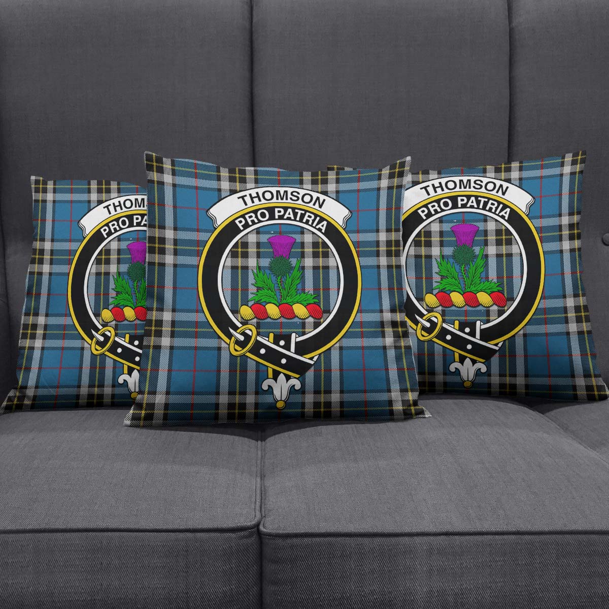 Thomson Dress Blue Tartan Pillow Cover with Family Crest Square Pillow Cover - Tartanvibesclothing