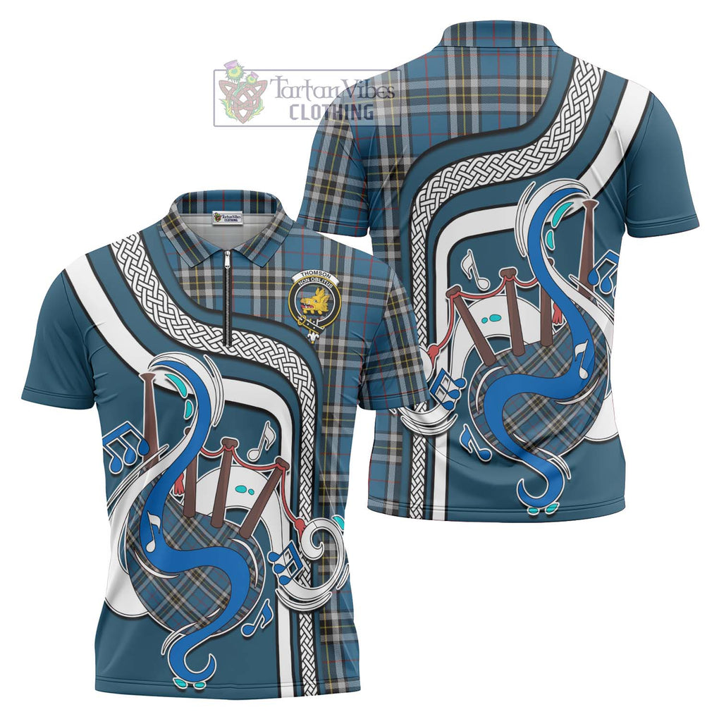 Thomson Dress Blue Tartan Zipper Polo Shirt with Epic Bagpipe Style Unisex - Tartanvibesclothing Shop