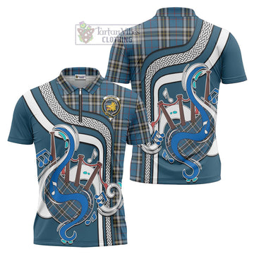 Thomson Dress Blue Tartan Zipper Polo Shirt with Epic Bagpipe Style