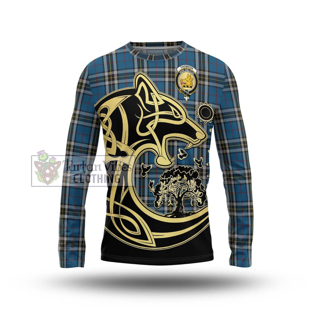 Thomson Dress Blue Tartan Long Sleeve T-Shirt with Family Crest Celtic Wolf Style Unisex - Tartan Vibes Clothing