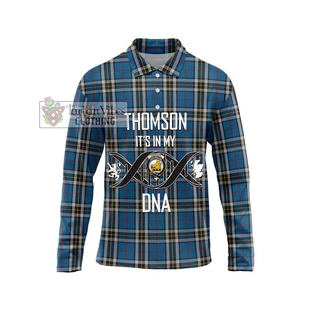 Thomson Dress Blue Tartan Long Sleeve Polo Shirt with Family Crest DNA In Me Style Unisex - Tartanvibesclothing Shop