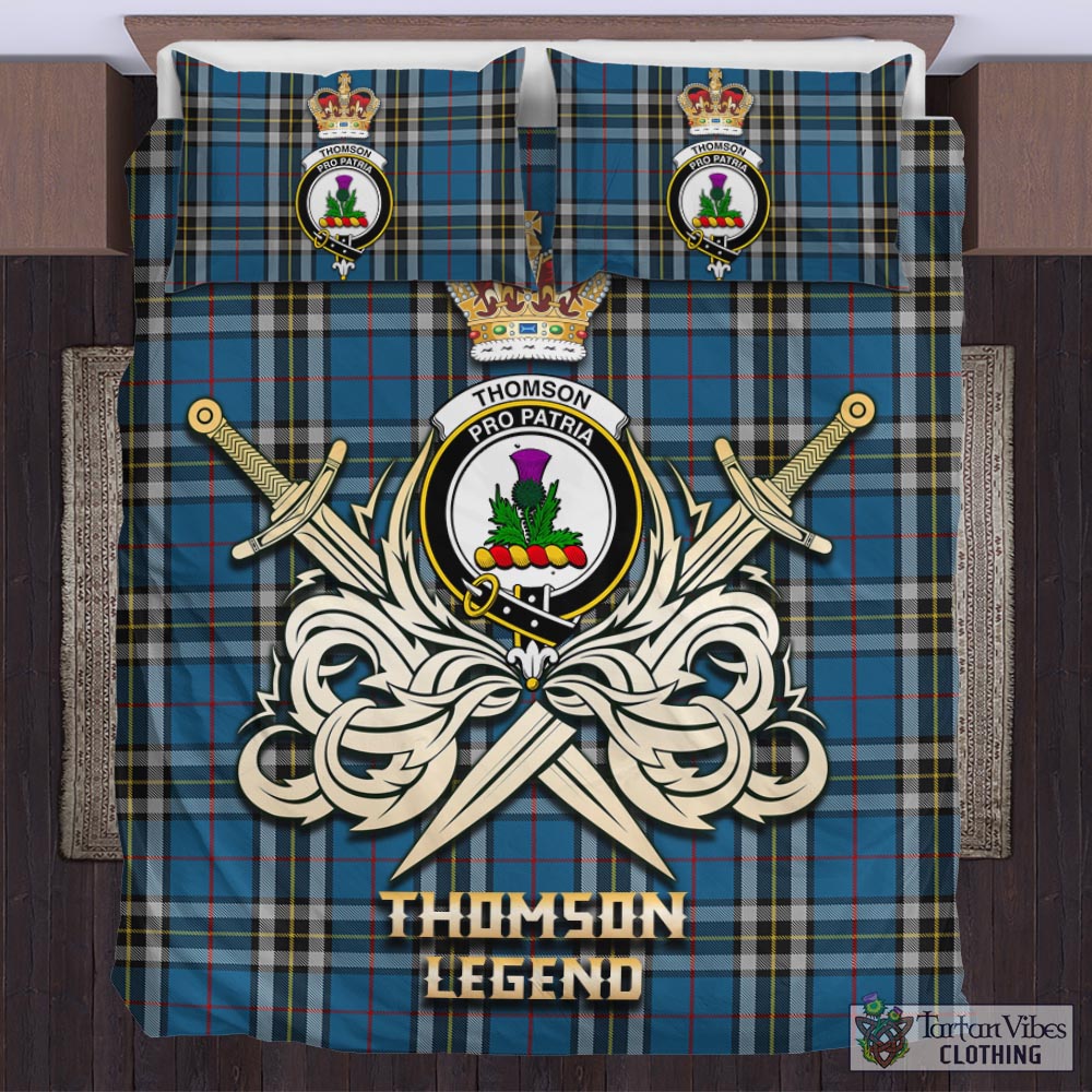 Tartan Vibes Clothing Thomson Dress Blue Tartan Bedding Set with Clan Crest and the Golden Sword of Courageous Legacy