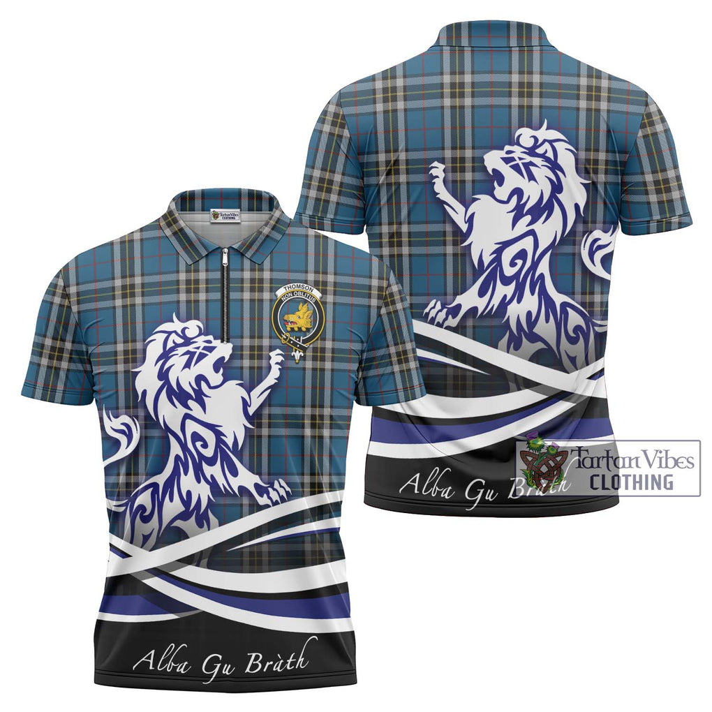 Thomson Dress Blue Tartan Zipper Polo Shirt with Alba Gu Brath Regal Lion Emblem Unisex - Tartanvibesclothing Shop