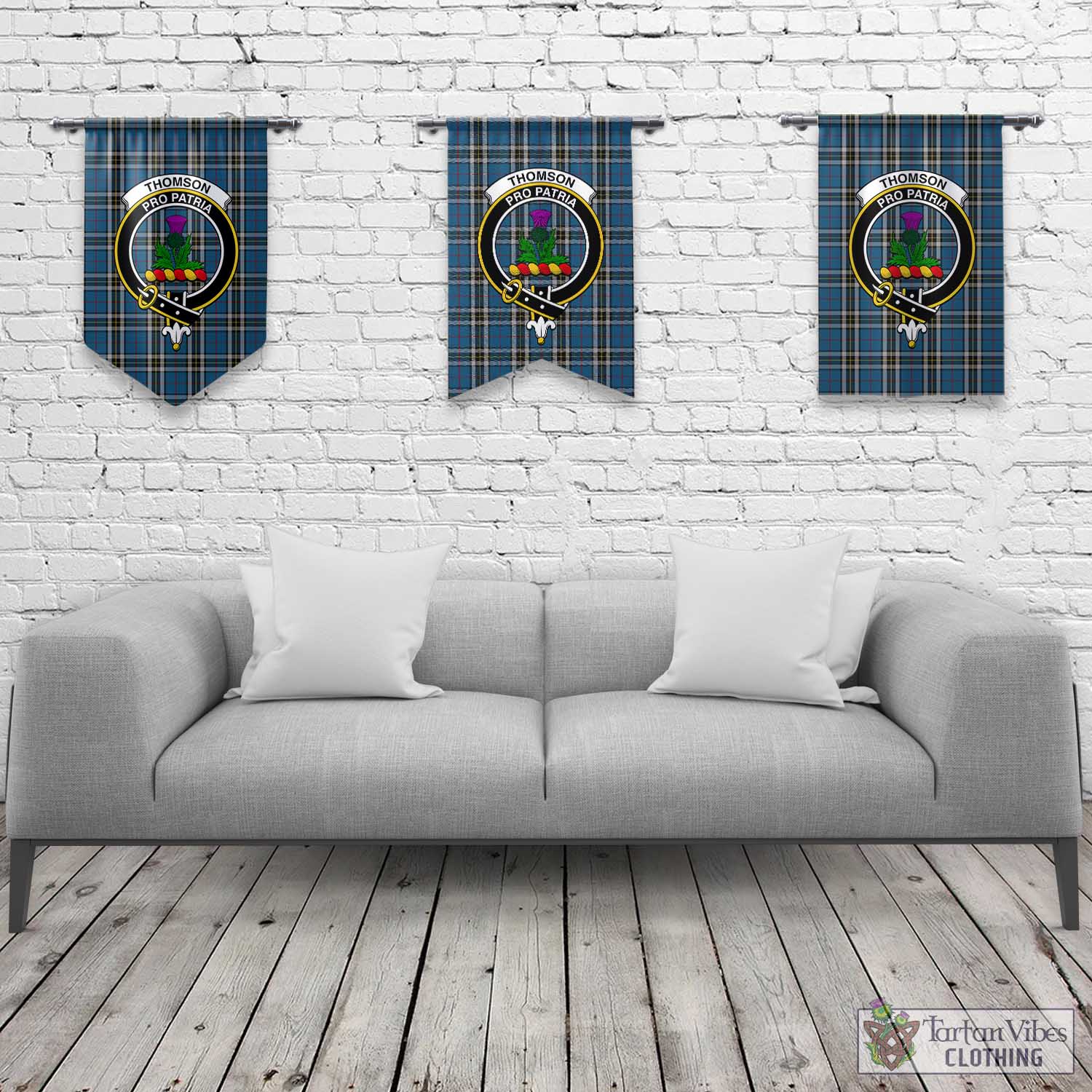 Tartan Vibes Clothing Thomson Dress Blue Tartan Gonfalon, Tartan Banner with Family Crest