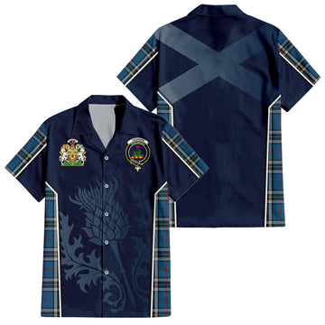 Thomson Dress Blue Tartan Short Sleeve Button Up Shirt with Family Crest and Scottish Thistle Vibes Sport Style