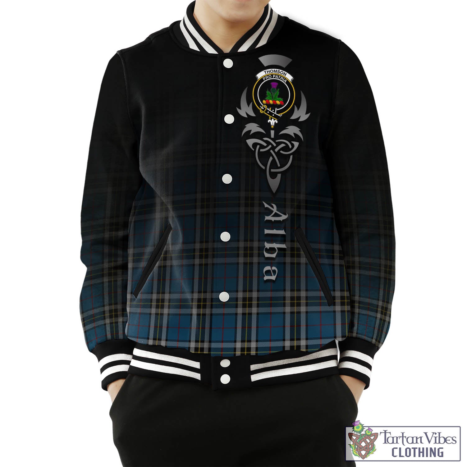 Tartan Vibes Clothing Thomson Dress Blue Tartan Baseball Jacket Featuring Alba Gu Brath Family Crest Celtic Inspired