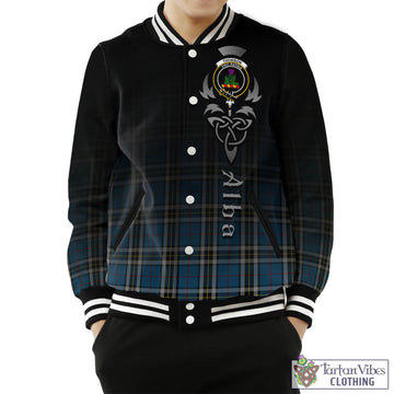 Thomson Dress Blue Tartan Baseball Jacket Featuring Alba Gu Brath Family Crest Celtic Inspired